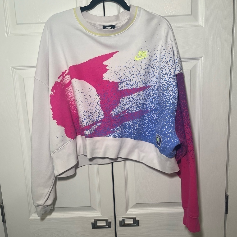 Women’s Nike Pink, Purple, and Neon Green Crop Crewneck Sweatshirt Size M